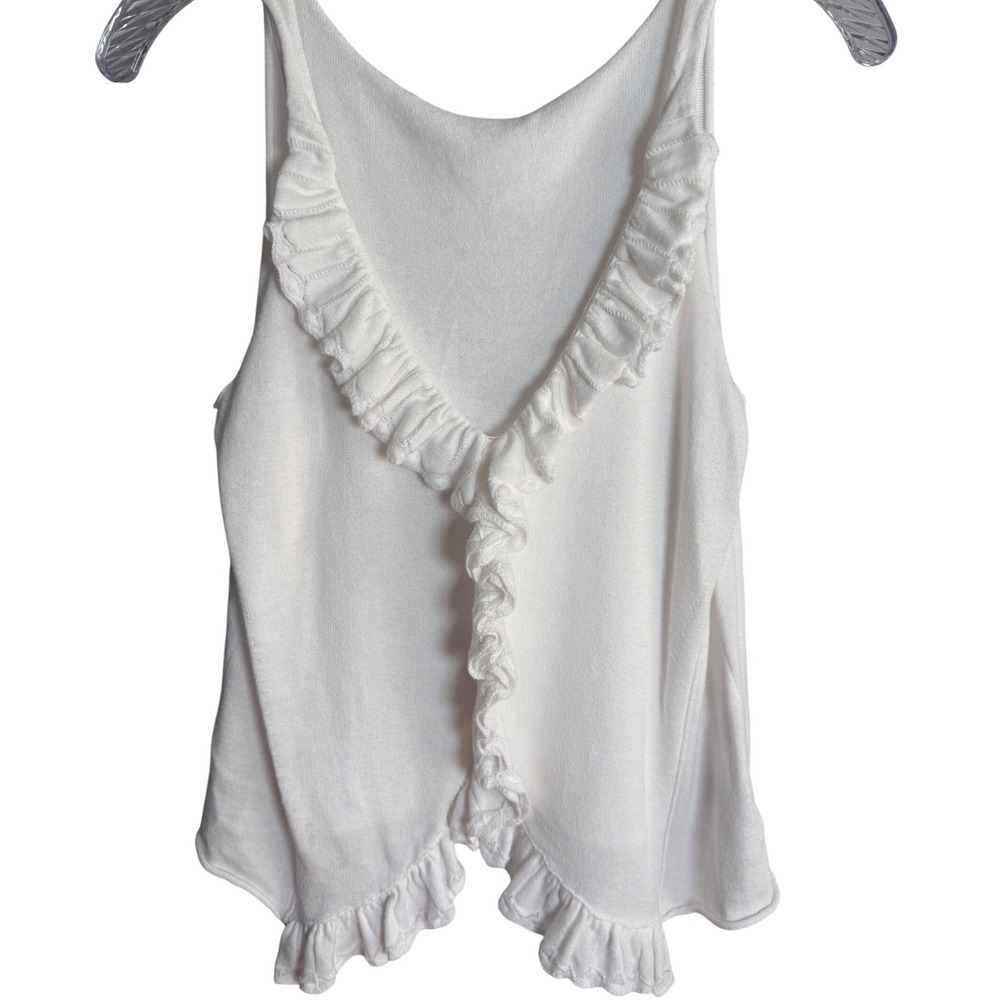 Ruffle Knit Tank Top Womens M White Cotton Romantic V-Neck Minimalist